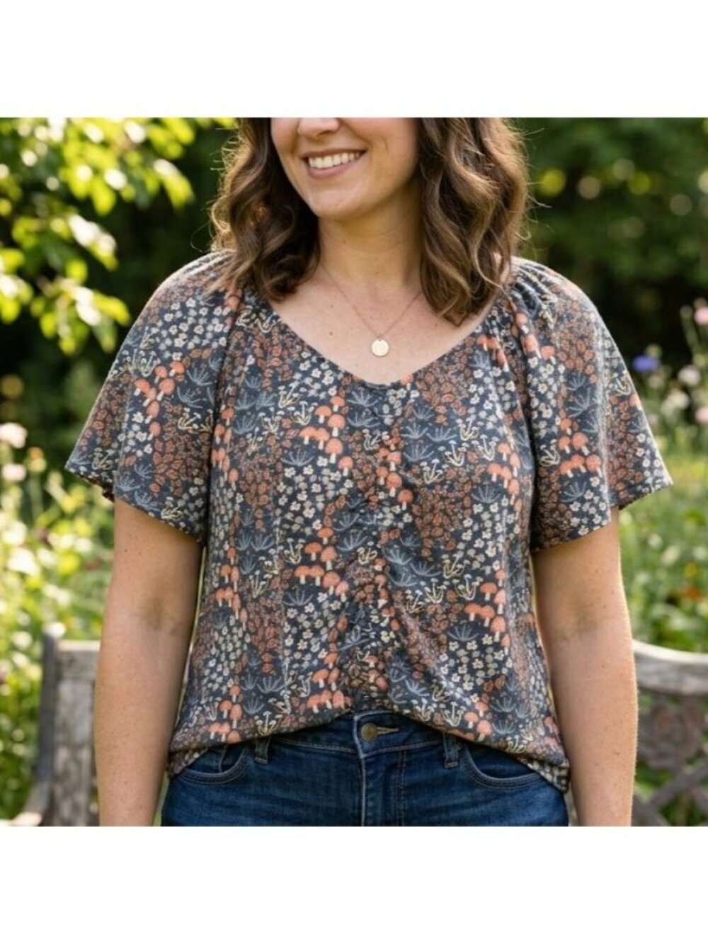 Cato Floral Mushroom Ruched Shirt Womens Size 18/20W Boho Goblin Fairy Earthy